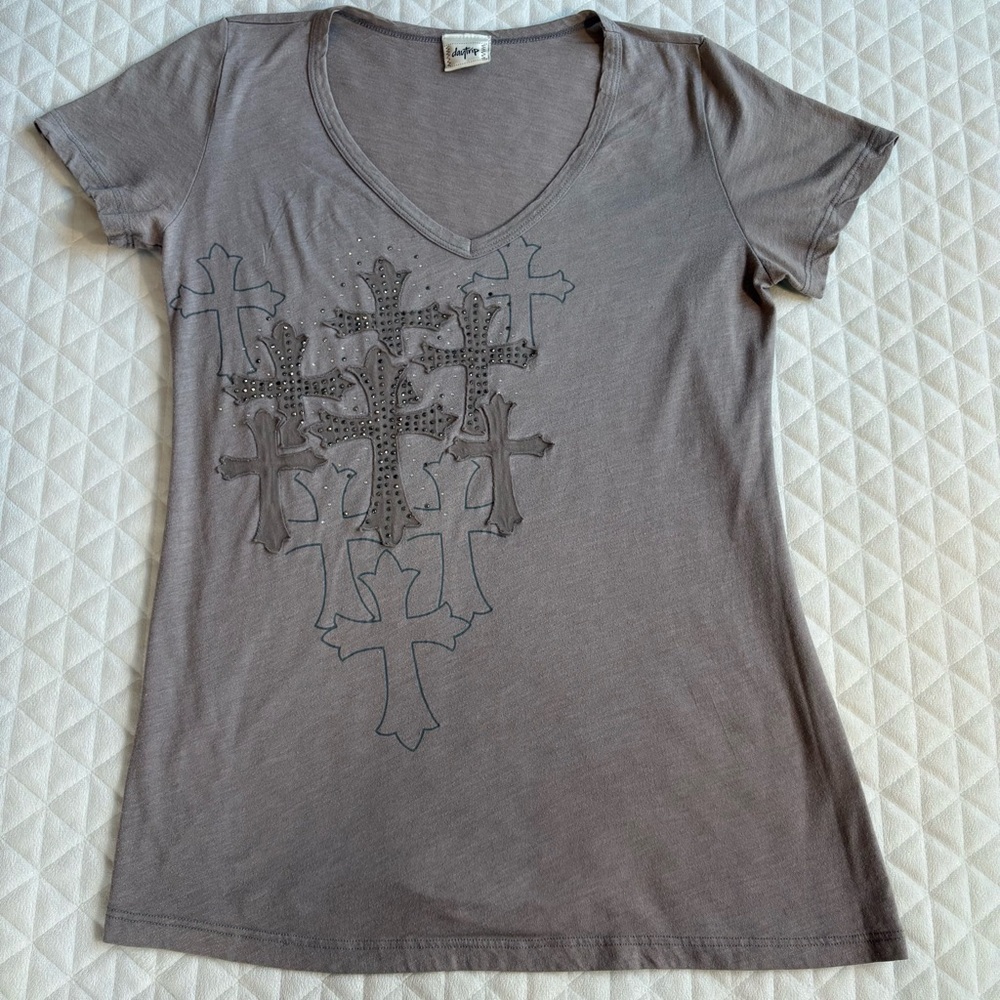 Y2K Daytrip Women’s Shirt Medium Gray Sequin Cross Festival Grunge Punk Goth Top